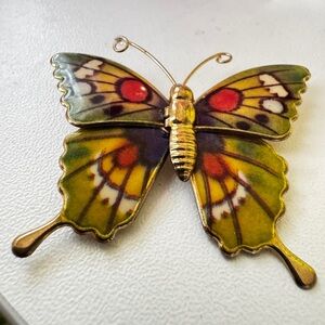 Vintage Articulated Butterfly Brooch • Enamel Wings • Gold Tone Insect Pin 1.75”